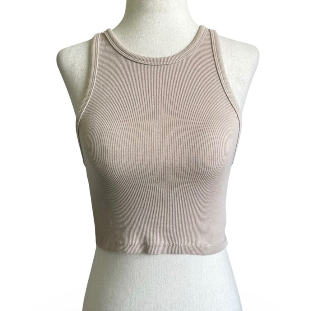 Zara Womens Ribbed Racerback Crop Tank Top Tan Beige Size M Sleeveless | 0344